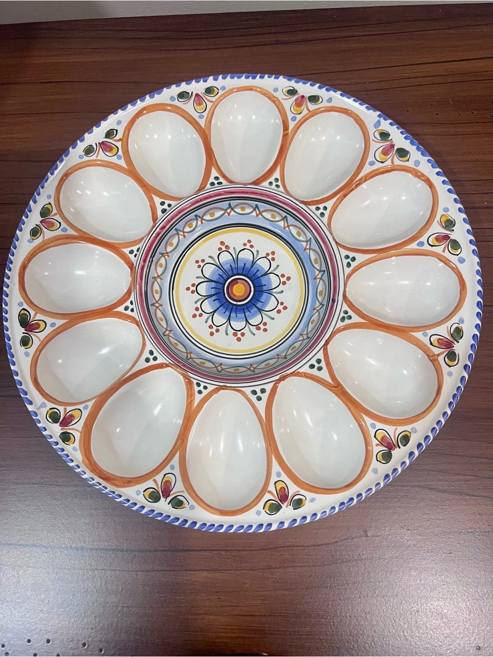 De La Cal Puente Spain Hand-Painted Ceramic Deviled Egg Platter | 12 eggs